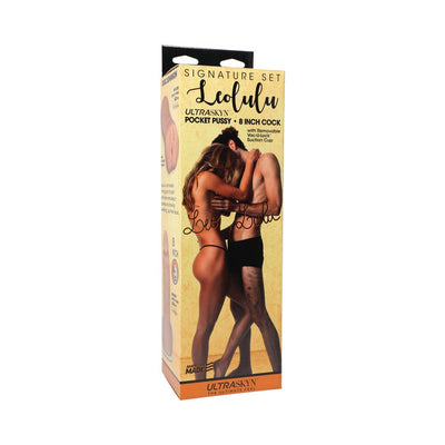 Packaging of Leolulu Signature Set featuring Ultraskyn pocket pussy and 8 inch cock with removable suction cup.