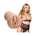 Handheld realistic ULTRASKYN pocket stroker molded from Adira Allure with a model in black and purple lingerie.