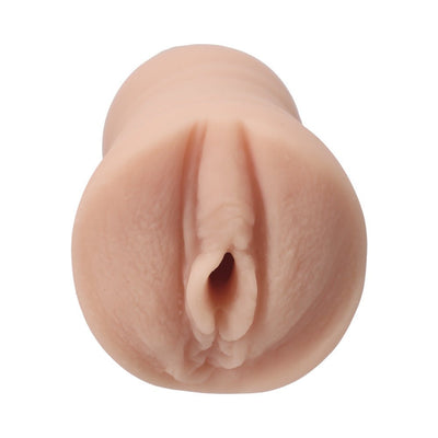 Close-up of a lifelike skin-toned handheld pocket stroker made from soft ULTRASKYN material.