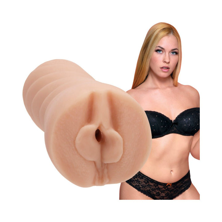 Ultraskyn pocket pussy stroker in vanilla color with image of model Bailey Rayne in black lingerie.