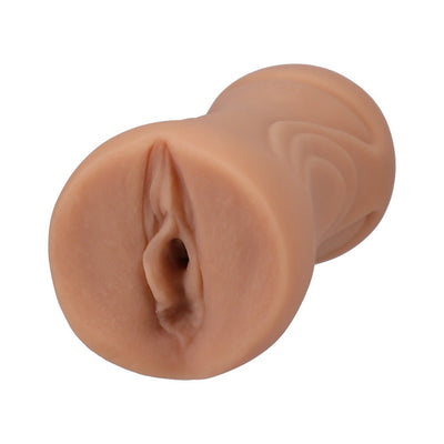 Vanilla-colored handheld pocket stroker with textured, lifelike ULTRASKYN material and ergonomic grip design.