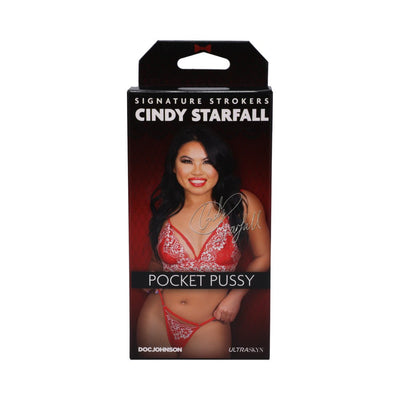 Packaging of Cindy Starfall Signature Strokers pocket pussy featuring a woman in red lingerie on a black and red background.