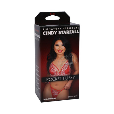 Packaging of Cindy Starfall Signature Strokers Pocket Pussy featuring a model in red lingerie on a black and red background.