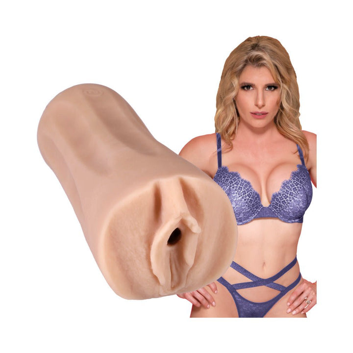 Vanilla-colored Ultraskyn pocket pussy molded from Cory Chase with inset image of woman in purple lingerie.