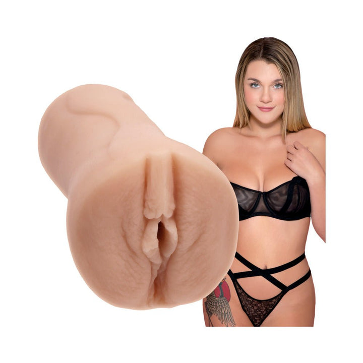 Ultraskyn pocket pussy in vanilla color alongside a model wearing black lingerie with strappy details.