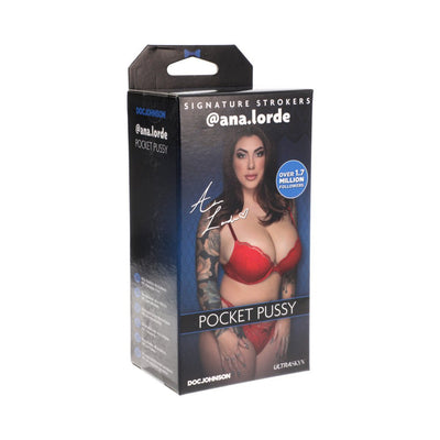 Packaging box for Signature Strokers @ana.lorde Pocket Pussy featuring model in red lingerie and product branding.