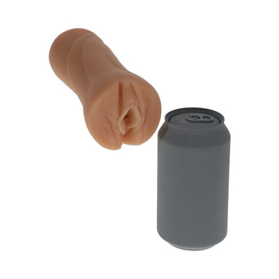 Vanilla-colored Ultraskyn pocket stroker next to a gray soda can for size comparison on white background.