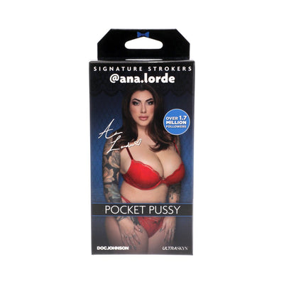 Packaging of Signature Strokers @ana.lorde Pocket Pussy featuring model in red lingerie and tattoo sleeves on a dark background.