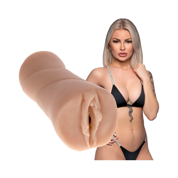 Vanilla-colored Ultraskyn pocket pussy with textured interior alongside a model in black bikini.