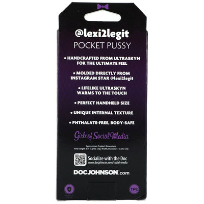 Packaging back of @lexi2legit Ultraskyn Pocket Pussy highlighting handcrafted design, lifelike texture, and body-safe materials.