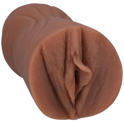 Close-up of a lifelike Ultraskyn pocket-sized stroker in a natural skin tone with detailed texture.