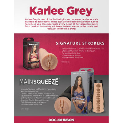 Product image showing Karlee Grey Signature Strokers and MainSqueeze ULTRASKYN masturbators with packaging and product features.