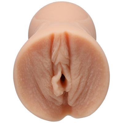 Close-up view of a lifelike handheld pocket stroker made from soft ULTRASKYN material in a natural skin tone.