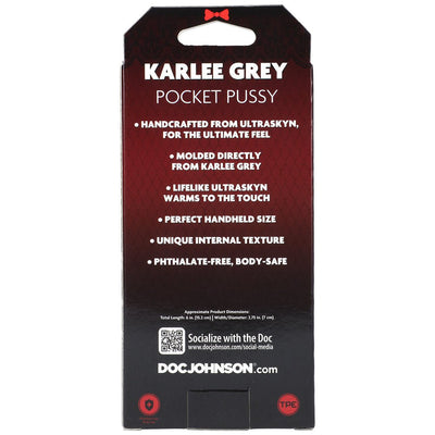 Packaging back of Karlee Grey Ultraskyn Pocket Pussy highlighting features and product dimensions.
