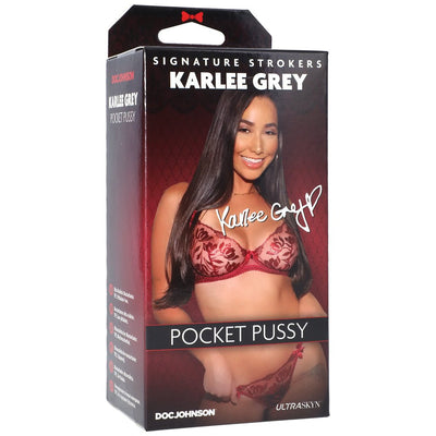 Packaging box for Signature Strokers Karlee Grey Ultraskyn Pocket Pussy featuring model image and product branding.
