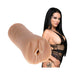 Vanilla-colored Ultraskyn pocket pussy with squeezable grip, modeled after Katrina Jade, shown alongside her portrait in black lace lingerie.