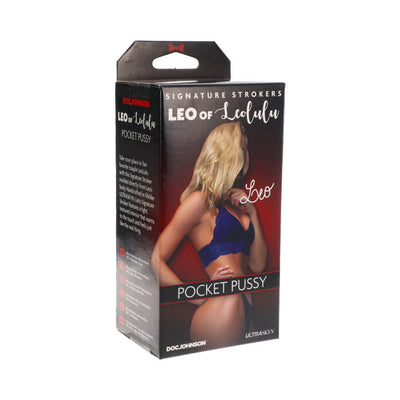 Packaging of Doc Johnson Signature Strokers Leo of Leolulu Ultraskyn Pocket Pussy with image of woman in blue lingerie.