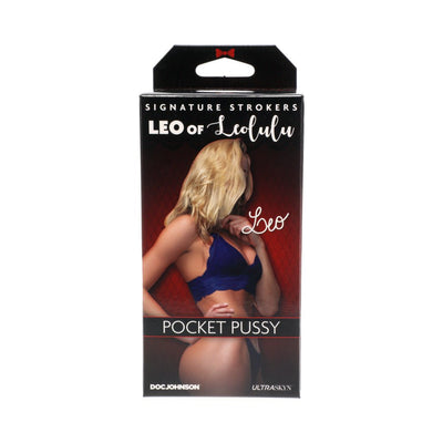Packaging of Signature Strokers Leo of Leolulu Ultraskyn Pocket Pussy with image of woman in blue lingerie on front.