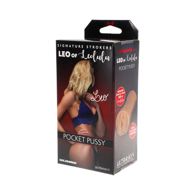 Packaging box of Signature Strokers Leo of Leolulu Ultraskyn Pocket Pussy in vanilla color with model image and product details.