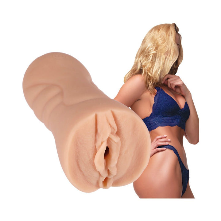 Vanilla-colored Ultraskyn pocket pussy with a blonde model in blue lingerie in the background.