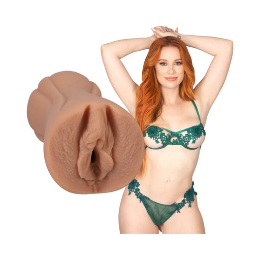 Lifelike pocket stroker modeled from Madison Morgan with detailed texture, shown alongside a woman in green lace lingerie.