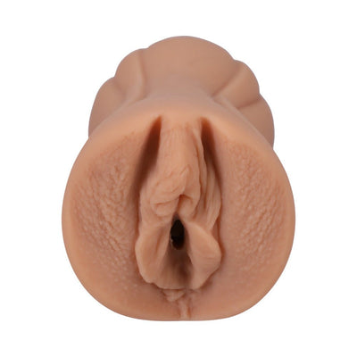 Vanilla-colored lifelike handheld pocket stroker molded from Madison Morgan with detailed textured interior.