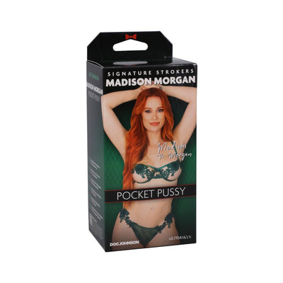Packaging box for Signature Strokers Madison Morgan Ultraskyn Pocket Pussy featuring a model in green lace lingerie.