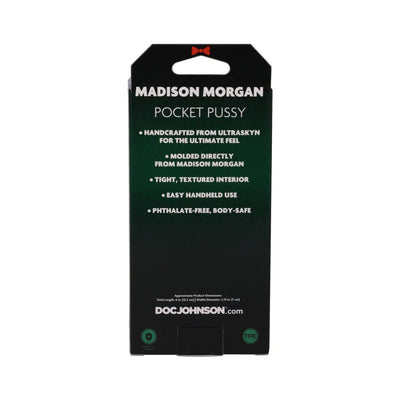 Packaging box for Madison Morgan Signature Strokers Ultraskyn Pocket Pussy with product features and dimensions.