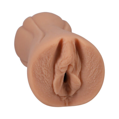 Vanilla-colored lifelike pocket stroker molded from Madison Morgan with detailed texture and handheld design.