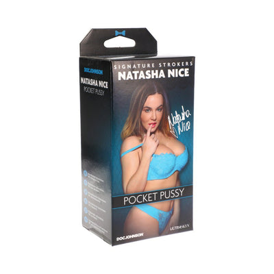 Packaging box of Signature Strokers Natasha Nice Ultraskyn Pocket Pussy with model image in blue lingerie on front.