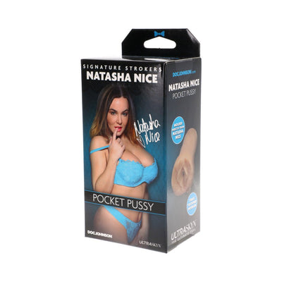 Packaging of Signature Strokers Natasha Nice Ultraskyn Pocket Pussy with image of model in blue lingerie on front.