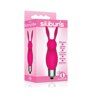 Pink Silibuns Bunny Bullet Vibrator in packaging highlighting silicone, waterproof, one-touch control, strong and discreet features.