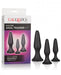 Black silicone anal trainer kit with three graduated sizes and suction cup bases displayed next to packaging box.