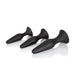 Three black silicone anal trainers in small, medium, and large sizes with flared bases on a white background.