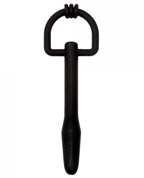 Black silicone urethral plug with a D-ring handle and a smooth tapered design for comfortable insertion.