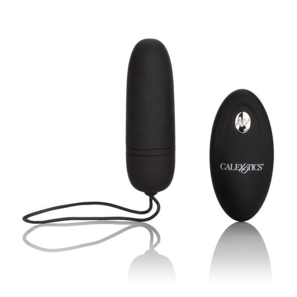 Black silicone remote control bullet vibrator with retrieval cord and oval wireless remote control.