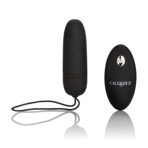 Black silicone remote control bullet vibrator with retrieval cord and oval wireless remote control.