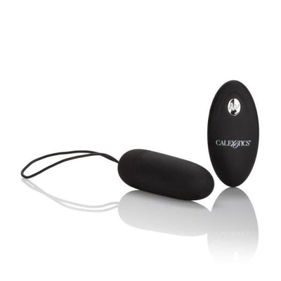 Black silicone remote control bullet vibrator with easy retrieval cord and compact wireless remote.