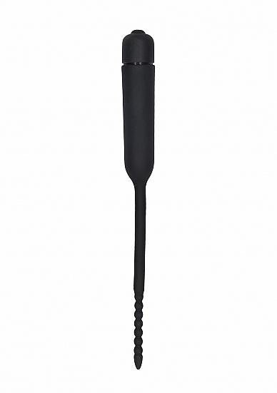 Black silicone vibrating urethral sound with beaded tip and compact bullet vibrator at the base.