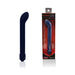 Blue silicone prostate massager with curved tip and 7 vibration settings shown next to its packaging.