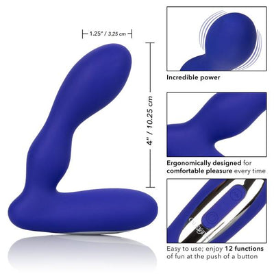 Blue silicone wireless prostate massager with ergonomic design, 12 vibration functions, and easy push-button control.
