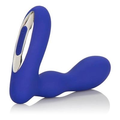 Blue silicone wireless prostate massager with ergonomic curved design and easy push button control panel.