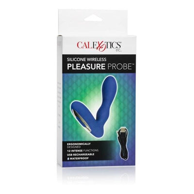 Packaging of blue silicone wireless pleasure probe with USB charging cable, highlighting ergonomic design and waterproof features.