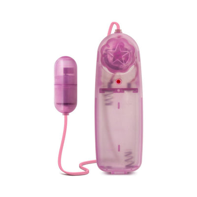 Pink translucent Silver Bullet Mini Vibrator with wired power control dial and compact bullet design.