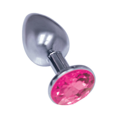 Silver stainless steel beginner plug with a pink jeweled base for stylish and comfortable intimate play.