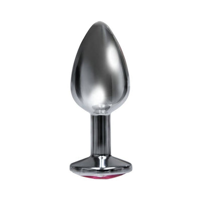 Silver stainless steel beginner plug with tapered shape and pink jewel base on white background