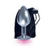 Silver stainless steel beginner plug with pink jewel base and black drawstring storage bag on white background