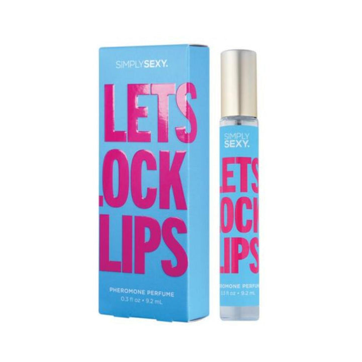 Simply Sexy Let's Lock Lips pheromone body mist in a blue and pink bottle with matching box, 0.3 fl oz size.