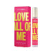 Simply Sexy Love All Of Me pheromone body mist in bright pink packaging with bold yellow text and gold cap spray bottle.
