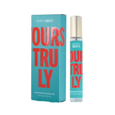 Simply Sexy Yours Truly pheromone body mist in a turquoise box with bold red lettering and a matching spray bottle with gold cap.